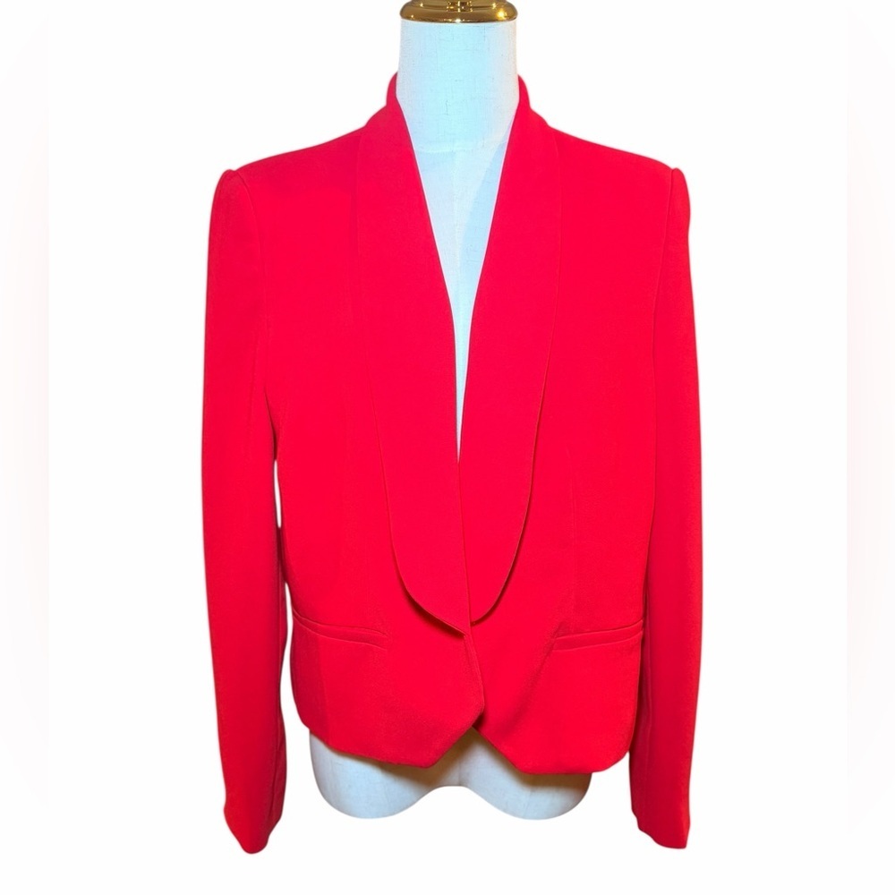 Mango Red Tuxedo Blazer Open Front Cropped Jacket L Statement Tailored